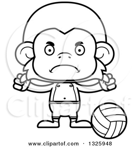 Lineart Clipart of a Cartoon Black and White Mad Monkey Beach Volleyball Player - Royalty Free Outline Vector Illustration by Cory Thoman