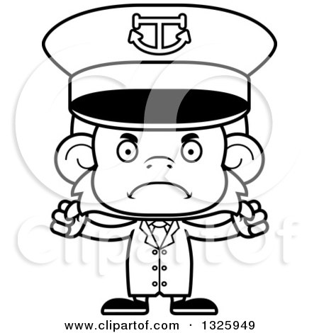 Lineart Clipart of a Cartoon Black and White Mad Monkey Captain - Royalty Free Outline Vector Illustration by Cory Thoman