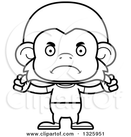 Lineart Clipart of a Cartoon Black and White Mad Casual Monkey - Royalty Free Outline Vector Illustration by Cory Thoman
