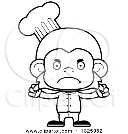 Lineart Clipart of a Cartoon Black and White Mad Monkey Chef - Royalty Free Outline Vector Illustration by Cory Thoman