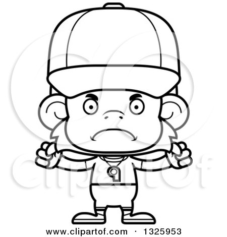 Lineart Clipart of a Cartoon Black and White Mad Monkey Coach - Royalty Free Outline Vector Illustration by Cory Thoman