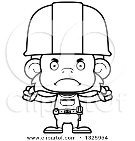 Lineart Clipart of a Cartoon Black and White Mad Monkey Construction Worker - Royalty Free Outline Vector Illustration by Cory Thoman