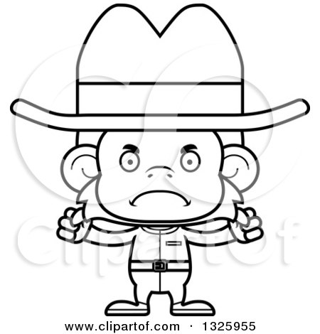 Lineart Clipart of a Cartoon Black and White Mad Cowboy Monkey - Royalty Free Outline Vector Illustration by Cory Thoman