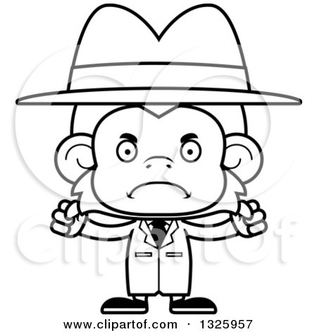 Lineart Clipart of a Cartoon Black and White Mad Monkey Detective - Royalty Free Outline Vector Illustration by Cory Thoman