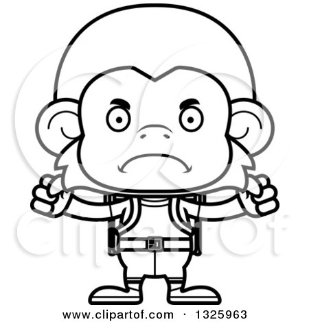 Lineart Clipart of a Cartoon Black and White Mad Monkey Hiker - Royalty Free Outline Vector Illustration by Cory Thoman