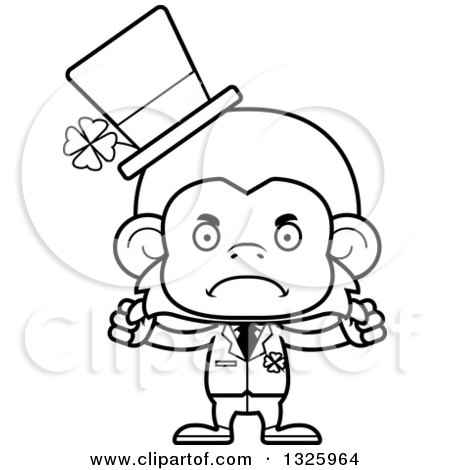 Lineart Clipart of a Cartoon Black and White Mad St Patricks Day Monkey - Royalty Free Outline Vector Illustration by Cory Thoman