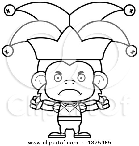 Lineart Clipart of a Cartoon Black and White Mad Monkey Jester - Royalty Free Outline Vector Illustration by Cory Thoman