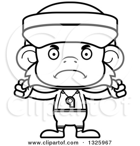 Lineart Clipart of a Cartoon Black and White Mad Monkey Lifeguard - Royalty Free Outline Vector Illustration by Cory Thoman