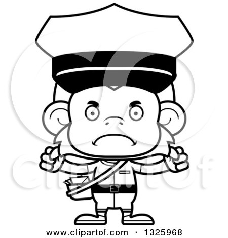 Lineart Clipart of a Cartoon Black and White Mad Monkey Mailman - Royalty Free Outline Vector Illustration by Cory Thoman
