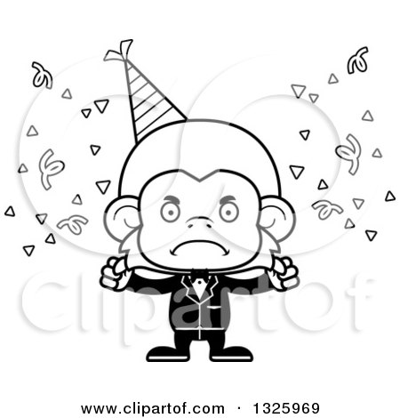 Lineart Clipart of a Cartoon Black and White Mad Party Monkey - Royalty Free Outline Vector Illustration by Cory Thoman