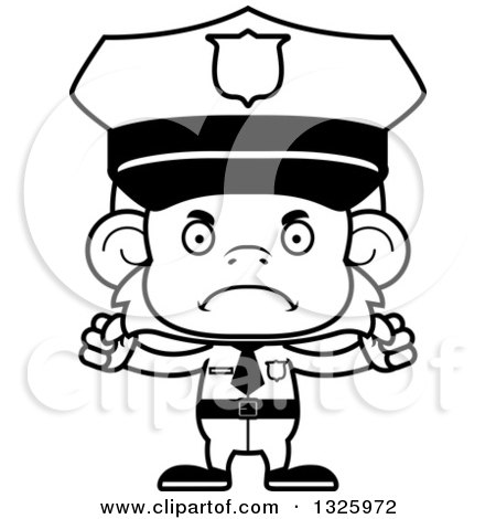 Lineart Clipart of a Cartoon Black and White Mad Monkey Police Officer - Royalty Free Outline Vector Illustration by Cory Thoman