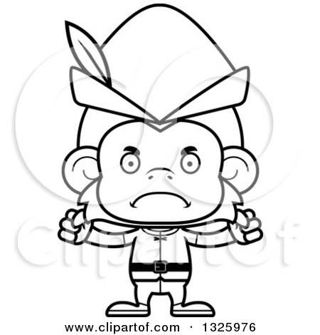 Lineart Clipart of a Cartoon Black and White Mad Robin Hood Monkey - Royalty Free Outline Vector Illustration by Cory Thoman