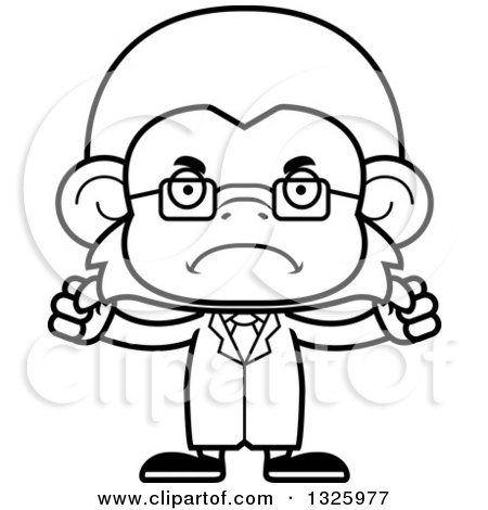 Lineart Clipart of a Cartoon Black and White Mad Monkey Scientist - Royalty Free Outline Vector Illustration by Cory Thoman