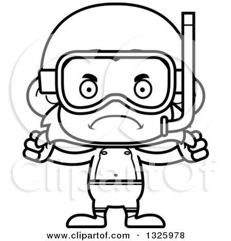 Lineart Clipart of a Cartoon Black and White Mad Monkey in Snorkel Gear - Royalty Free Outline Vector Illustration by Cory Thoman