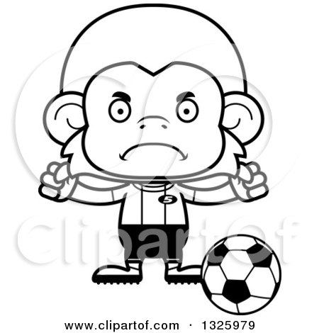 Lineart Clipart of a Cartoon Black and White Mad Monkey Soccer Player - Royalty Free Outline Vector Illustration by Cory Thoman