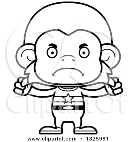 Lineart Clipart of a Cartoon Black and White Mad Monkey Super Hero - Royalty Free Outline Vector Illustration by Cory Thoman