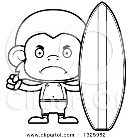 Lineart Clipart of a Cartoon Black and White Mad Surfer Monkey - Royalty Free Outline Vector Illustration by Cory Thoman