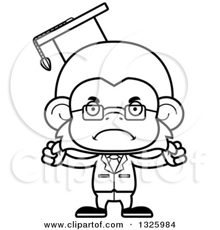 Lineart Clipart of a Cartoon Black and White Mad Monkey Professor - Royalty Free Outline Vector Illustration by Cory Thoman