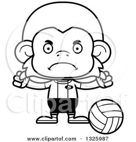 Lineart Clipart of a Cartoon Black and White Mad Monkey Volleyball Player - Royalty Free Outline Vector Illustration by Cory Thoman