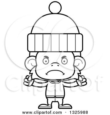 Lineart Clipart of a Cartoon Black and White Mad Monkey in Winter Clothes - Royalty Free Outline Vector Illustration by Cory Thoman