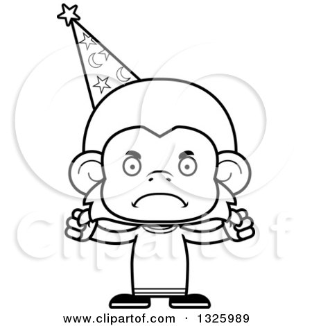 Lineart Clipart of a Cartoon Black and White Mad Monkey Wizard - Royalty Free Outline Vector Illustration by Cory Thoman