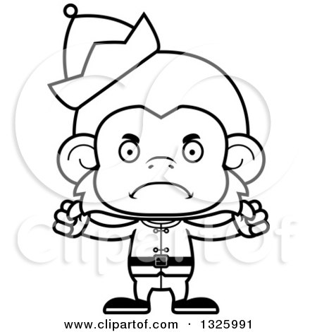 Lineart Clipart of a Cartoon Black and White Mad Monkey Christmas Elf - Royalty Free Outline Vector Illustration by Cory Thoman