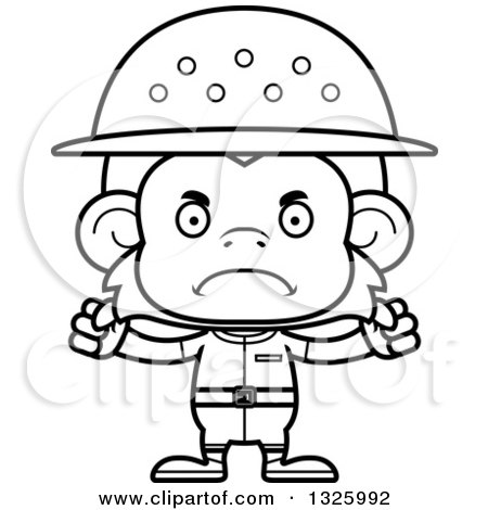 Lineart Clipart of a Cartoon Black and White Mad Monkey Zookeeper - Royalty Free Outline Vector Illustration by Cory Thoman