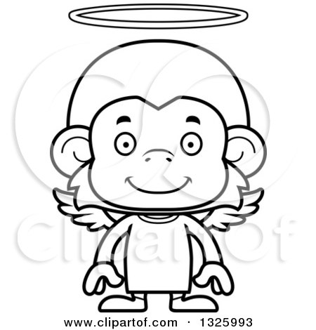 Lineart Clipart of a Cartoon Black and White Happy Monkey Angel - Royalty Free Outline Vector Illustration by Cory Thoman