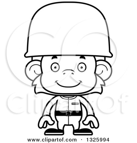 Lineart Clipart of a Cartoon Black and White Happy Monkey Soldier - Royalty Free Outline Vector Illustration by Cory Thoman