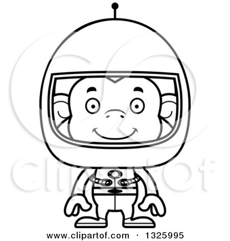 Lineart Clipart of a Cartoon Black and White Happy Monkey Astronaut - Royalty Free Outline Vector Illustration by Cory Thoman