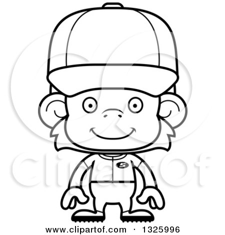 Lineart Clipart of a Cartoon Black and White Happy Monkey Baseball Player - Royalty Free Outline Vector Illustration by Cory Thoman