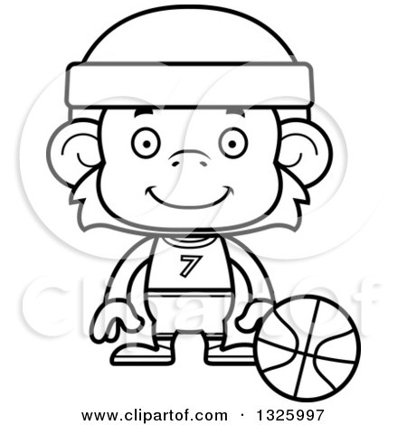 Lineart Clipart of a Cartoon Black and White Happy Monkey Basketball Player - Royalty Free Outline Vector Illustration by Cory Thoman
