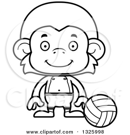 Lineart Clipart of a Cartoon Black and White Happy Monkey Beach Volleyball Player - Royalty Free Outline Vector Illustration by Cory Thoman