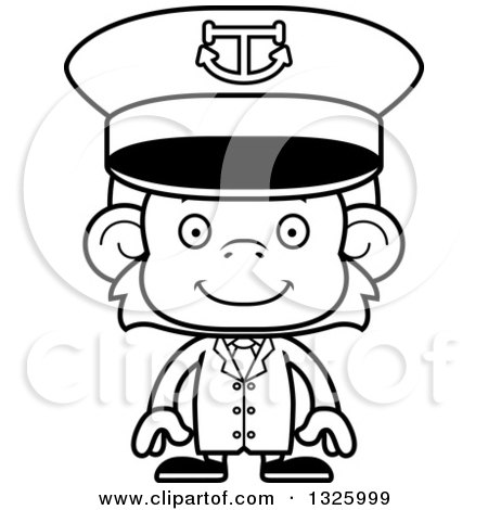 Lineart Clipart of a Cartoon Black and White Happy Monkey Captain - Royalty Free Outline Vector Illustration by Cory Thoman