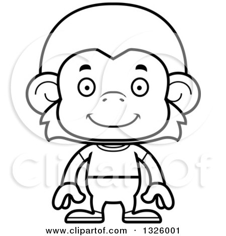 Lineart Clipart of a Cartoon Black and White Happy Casual Monkey - Royalty Free Outline Vector Illustration by Cory Thoman