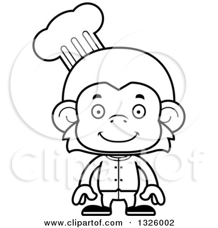 Lineart Clipart of a Cartoon Black and White Happy Monkey Chef - Royalty Free Outline Vector Illustration by Cory Thoman