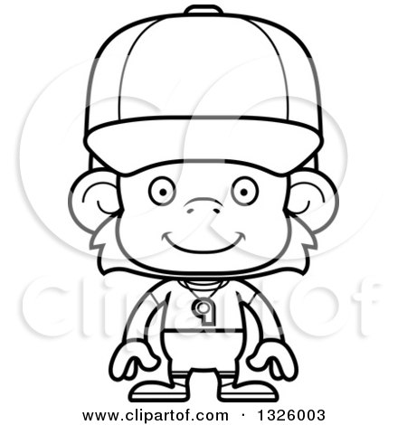 Lineart Clipart of a Cartoon Black and White Happy Monkey Coach - Royalty Free Outline Vector Illustration by Cory Thoman