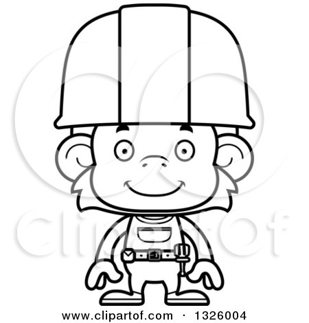 Lineart Clipart of a Cartoon Black and White Happy Monkey Construction Worker - Royalty Free Outline Vector Illustration by Cory Thoman