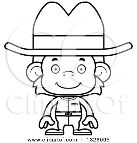 Lineart Clipart of a Cartoon Black and White Happy Cowboy Monkey - Royalty Free Outline Vector Illustration by Cory Thoman
