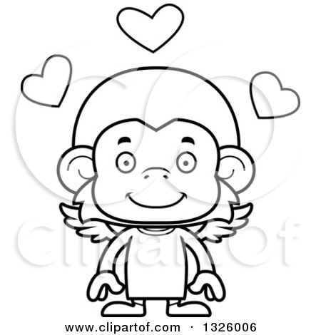 Lineart Clipart of a Cartoon Black and White Happy Monkey Cupid - Royalty Free Outline Vector Illustration by Cory Thoman