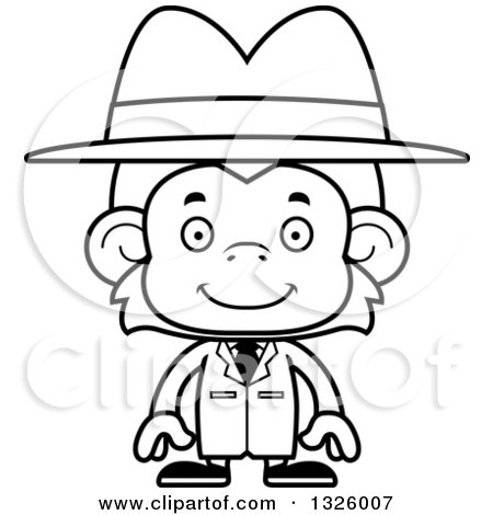 Lineart Clipart of a Cartoon Black and White Happy Monkey Detective - Royalty Free Outline Vector Illustration by Cory Thoman