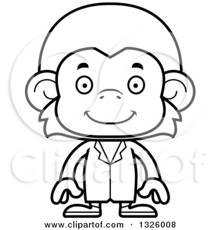 Lineart Clipart of a Cartoon Black and White Happy Monkey Doctor - Royalty Free Outline Vector Illustration by Cory Thoman
