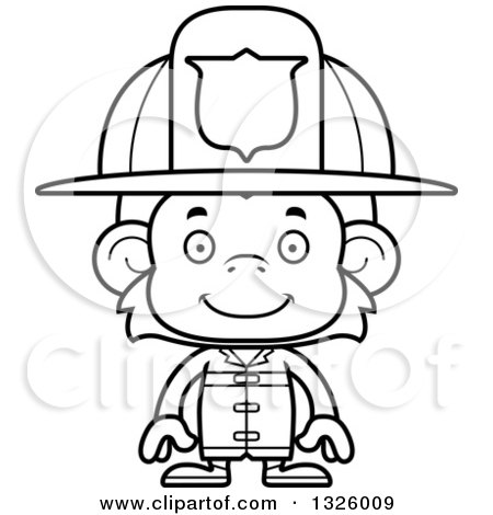 Lineart Clipart of a Cartoon Black and White Happy Monkey Firefighter - Royalty Free Outline Vector Illustration by Cory Thoman