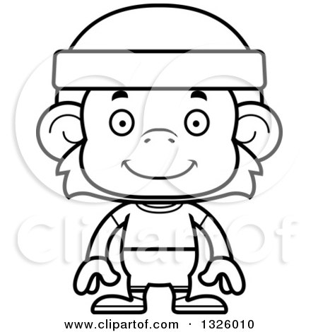 Lineart Clipart of a Cartoon Black and White Happy Fitness Monkey - Royalty Free Outline Vector Illustration by Cory Thoman