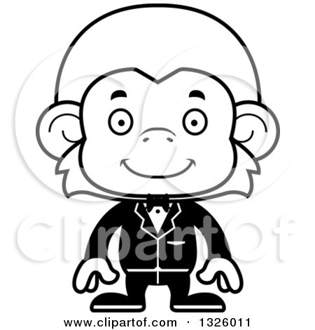 Lineart Clipart of a Cartoon Black and White Happy Monkey Groom - Royalty Free Outline Vector Illustration by Cory Thoman