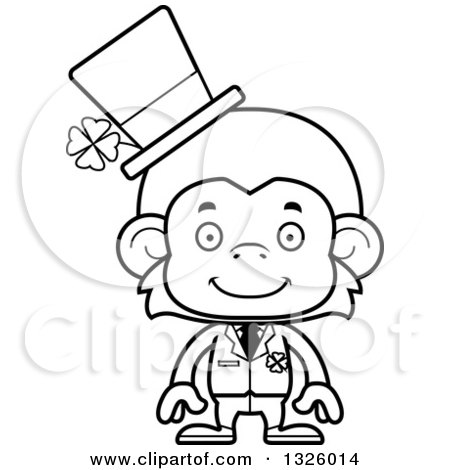Lineart Clipart of a Cartoon Black and White Happy St Patricks Day Monkey - Royalty Free Outline Vector Illustration by Cory Thoman