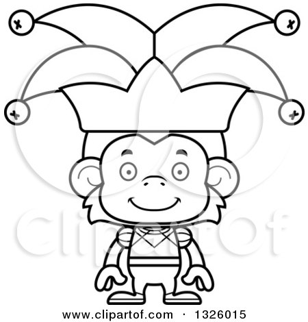 Lineart Clipart of a Cartoon Black and White Happy Monkey Jester - Royalty Free Outline Vector Illustration by Cory Thoman
