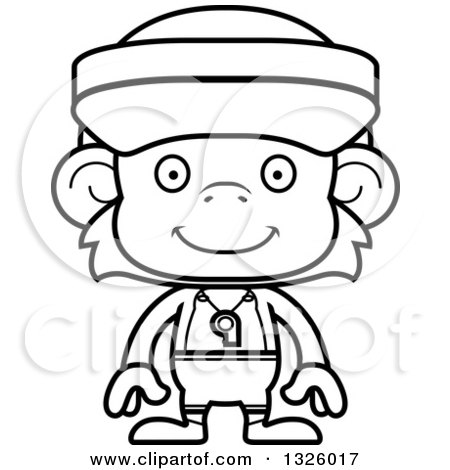 Lineart Clipart of a Cartoon Black and White Happy Monkey Lifeguard - Royalty Free Outline Vector Illustration by Cory Thoman