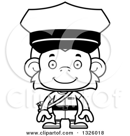 Lineart Clipart of a Cartoon Black and White Happy Monkey Mailman - Royalty Free Outline Vector Illustration by Cory Thoman