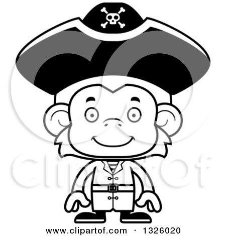 Lineart Clipart of a Cartoon Black and White Happy Monkey Pirate - Royalty Free Outline Vector Illustration by Cory Thoman